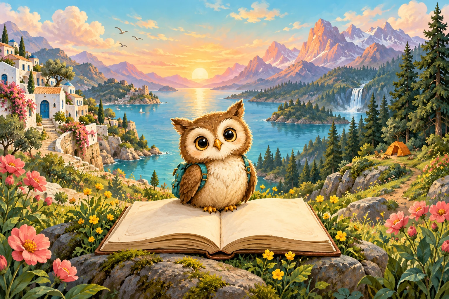 Hooti on an open book surrounded by sea, mountains and a campsite